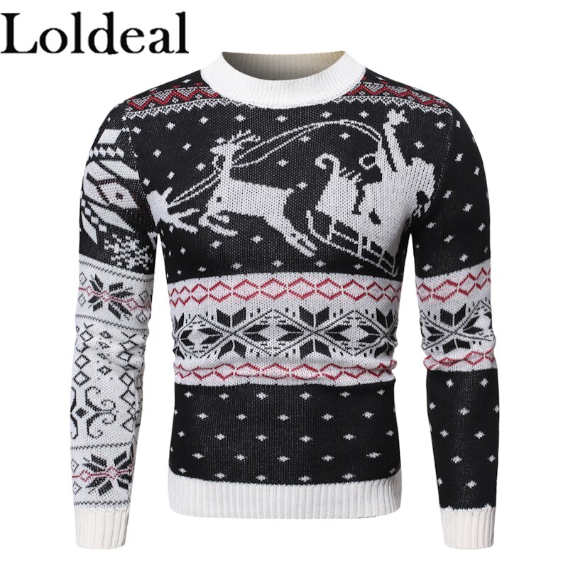 Loldeal Men Long Sleeve Sweater Fashion Deer Batik Casual Warm Round Neck Pullover